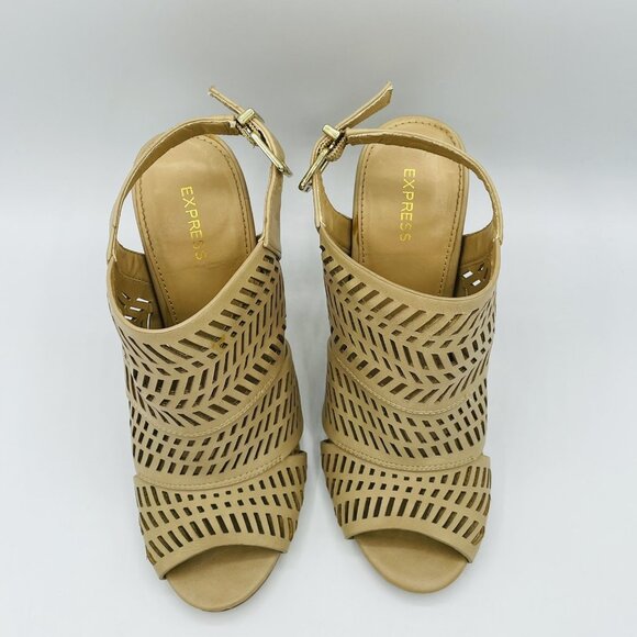 Express Shoes Womens Size 6.5 Tan Beige Heels Bootie Stiletto Ankle Strap Buckle - Picture 5 of 10